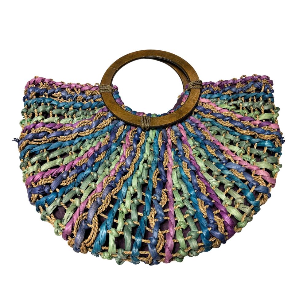Cappelli Straworld Colorful Woven Straw Handbag Fan Shape Wooden Handle Boho